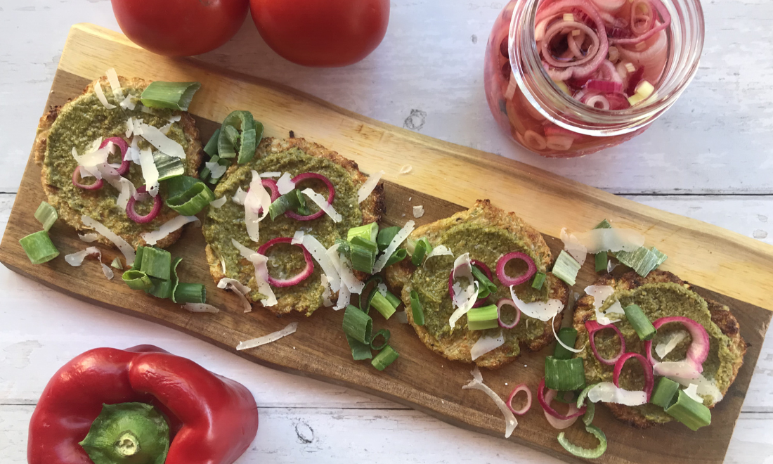 CAULIFLOWER PIZZA WITH PARMESAN AND GREEN PESTO